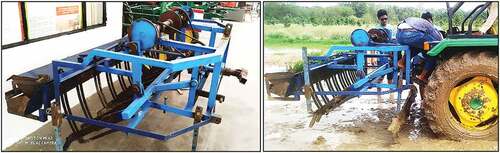 Figure 2. Stationary view and operational view of tractor operated rice transplanter.