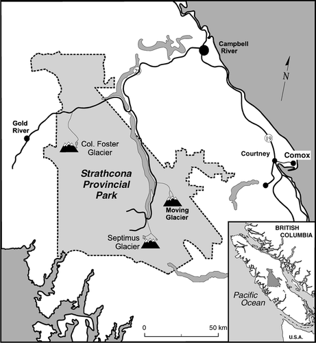 FIGURE 2. Map of Strathcona Provincial Park illustrating locations of study sites and of the Moving Glacier site (CitationSmith and Laroque, 1996)