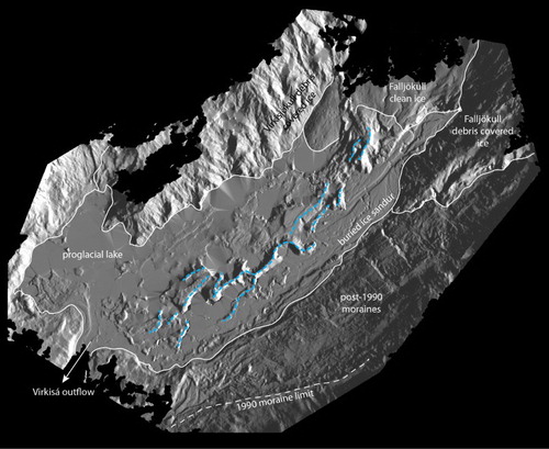 Figure 5. Hillshade surface derived from Terrestrial LiDAR-derived Digital Elevation Model, showing the relationship of the esker (blue line) to the margin of Falljökull and the buried-ice moraine in the proglacial area (within white line marked ‘buried ice sandur’).