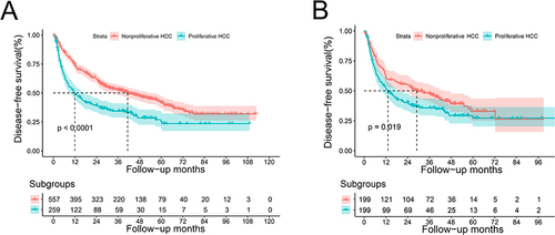 Figure 3 Disease-free survival curves of proliferative and nonproliferative HCC before (A) and after (B) propensity score matching in the entire cohort.