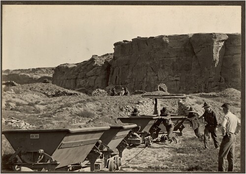 Figure 3. Carts being positioned to receive backdirt in the West Court of Pueblo Bonito. Photograph by O. C. Havens, 1924. National Anthropological Archives, Smithsonian Institution, NGS 0473.