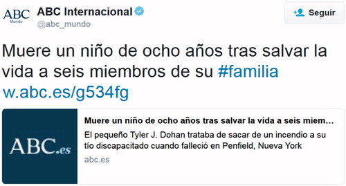 Figura 1. En este tuit el texto incluye un enlace en el cual el lector puede completar la información y tener una idea más clara del mensaje. En este caso se trata de un tuit publicado en un medio de comunicación social que tiene la finalidad de redirigir visitas a su web principal en donde están los detalles de la información.