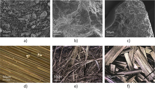 Figure 1. The raw materials used with magnification x50: (a)cement, (b) sand, (c) fireclay, (d) basalt, (d) carbon fiber I, (e) carbon fiber II.