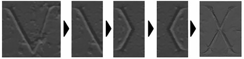 Figure 4. Creation of ‘X’ letter: As described in the text, the re-creation of the X involved using the geometry of a similar sized V to reverse engineer it, as depicted.