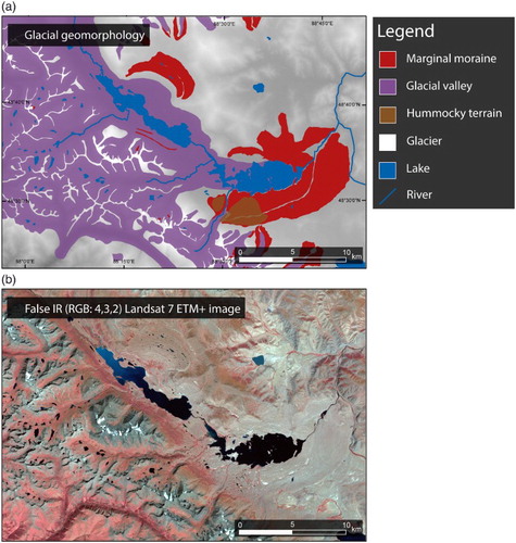 Figure 4. The Tavan Bogd marginal moraine complex (see Fig. 2 for location). (a) Mapped landforms. (b) False IR Landsat 7 ETM+ image.