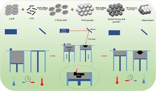 Figure 1. Illustration of preparation of PA12/CNT@α-ZrP composite powder and SLS process