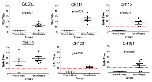 Figure 4. Neutralizing antibody titers in rabbit sera receiving gp120-BC protein alone or DNA prime-protein boost immunizations against a panel of HIV-1 clade BC pseudotyped viruses expressing Env protein from subtype BC primary isolates: CH091, CH114, CH115, CH119, CH120 and CH181. Each dot represents one rabbit in each vaccination group. The statistical differences are shown when p value is significant (p < 0.05).