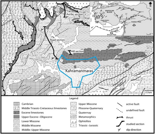 Figure 1. Location and detailed geological map of Kahramanmaras area (modified from Yilmaz Citation2006; Hüsing et al. Citation2009).