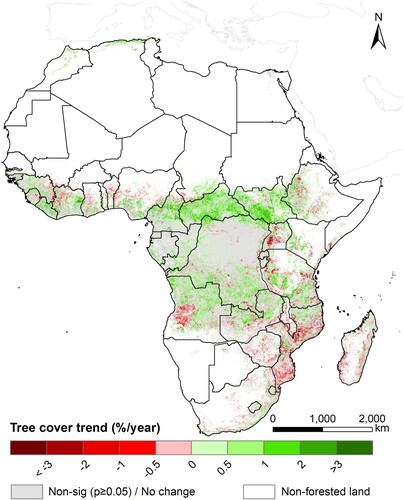 Figure 3. Linear trend map (%/year) of tree cover in Africa over 2000–2020. Grey color areas exhibited no significant trend at the 95% confidence level or the change/trend equal to 0%/year. White color areas exhibited non-forested (Pixels with tree cover approximately 0% of more than 18 years from 2000 to 2020).