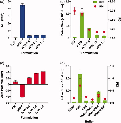 Figure 1. Optimization of PEI/pGFP polyplex formulation. (a-c) Degree of condensation (complexation) analyzed by SyBr Green dye exclusion assay (a), size (left y-axis) and polydispersity index (PDI, right y-axis) (b), and net surface charge (zeta potential) (c) of the polyplexes of PEI/pGFP at indicated weight ratio on each graph. (d) Size (left y-axis) and PDI (right y-axis) of polyplex of PEI/pGFP prepared at weight ratio of 2 within different environment. Polyplexes were either originally prepared in 1.3 ml of pure “Water”, “PBS”, or “HBS”, respectively, or first prepared in 100 μl of pure water and diluted (to final volume of 1.3 ml) using water or indicated buffers for “Water/Water”, “Water/PBS, or “Water/HBS” samples, respectively. Results are presented as mean ± SD (n = 3).