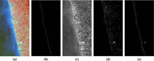 Figure 6. Illustration of results with Landsat ETM + sensor imagery. (a) Original image, (b) Ground truth, (c) MM processed image (intermediate stage), (d) Classification outcome, (e) Proposed MM algorithm outcome.