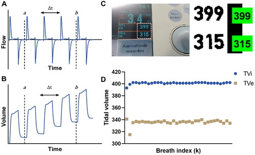 Figure 2. (A,B) Representative example of the air leak calculations from a flow signal (A) using a cumulative integral (B). In selecting the measurement period, care is taken that both the start and end indices are either at a local maxima or local minima. C) Screenshot from the control algorithm of the custom built OCR application, allowing for breath by breath analysis. Values in green boxes are calculated by the algorithm and checked for correctness by the experiment executor, and stored per breath to allow continuous monitoring (D).