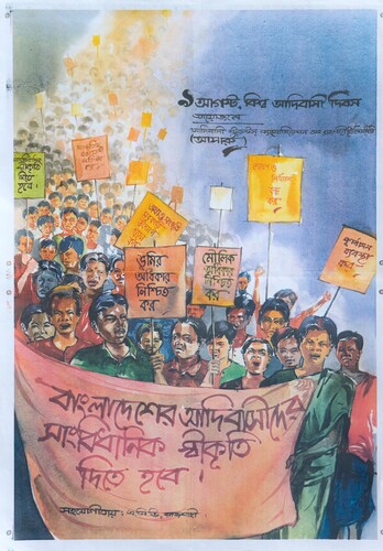 Figure 5. “The Indigenous peoples of Bangladesh must be given constitutional recognition!”. SOURCE: Poster distributed by the Association of Indigenous Students of Rajshahi University on World Indigenous People’s Day.