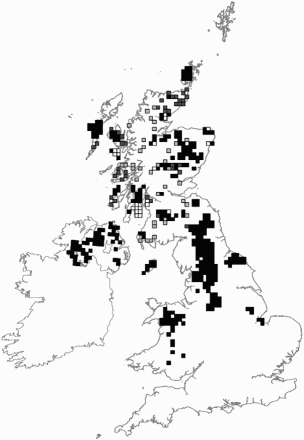 Figure 1. Location of 10-km squares surveyed in the 2010 Hen Harrier survey. Scotland, Wales and Northern Ireland: Black - census squares, dark grey - stratum one, light grey - stratum two, white – planned but unsurveyed squares. In England, Black – indicates areas within which surveys were carried out, a number of specific census squares have been omitted for confidentiality grounds. For further details refer to text.
