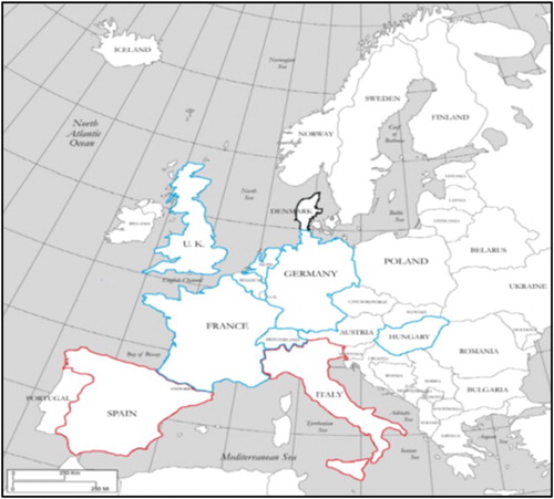 2 Map of Europe highlighting the countries from where responses to the initial survey were received (modified from Cartographic Research Lab, University of Alabama Citation2015)