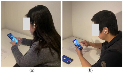 Figure 6. Test environment. (a) Texting and (b) video calling (the second phone on the desk is used for voice transmission).