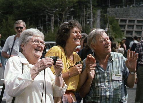 Hannelore Håkansson, the late Bjørg Stabell and Frank Round at the 14th International Diatom Symposium in Japan, in 1996 (courtesy Dr M.B. Edlund; Norman Andresen appears behind on the left).