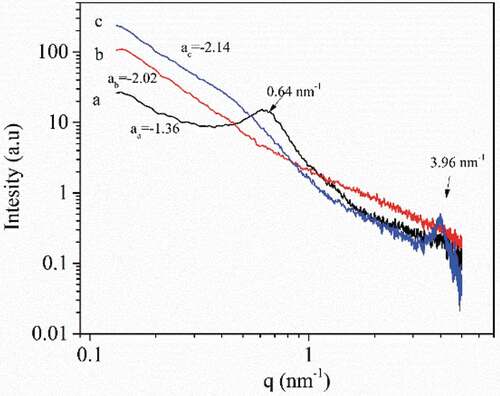Figure 4. SAXS curves of (a) native cassava starch, (b) amylose and (c) amylose/quercetin complexes