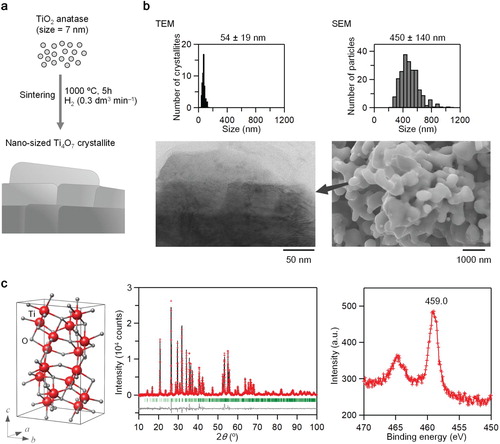 Figure 2. Synthesis, morphology, crystal structure, and valence state of nanocrystal Ti4O7. (a) Schematic of the synthetic procedure. (b) TEM image and size distribution (left) and SEM image and size distribution (right) of nanocrystal Ti4O7. (c) Crystal structure (left) and Rietveld analysis (middle). Red dots, black line, and gray dots are the observed pattern, calculated pattern, and their difference, respectively. Green bars represent the calculated positions of the Bragg reflections of Ti4O7. XPS spectrum (right) for the Ti 2p peak.