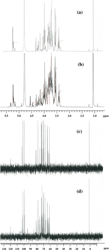 Fig. 2. 1H and 13C NMR spectra of the standard and purified sample of maltulose. (a) 1H NMR of standard sample of maltulose, (b) 1H NMR of purified sample of maltulose, (c) 13C NMR of standard sample of maltulose, and (d) 3C NMR of purified sample of maltulose.