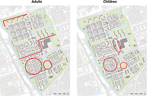 Figure 4. Core challenges in the Paddepoel neighbourhood according to the opinions of residents for themselves and for the minors they took care of; dots represent road crossings and play grounds.