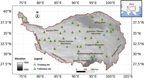 Figure 1. Study area and the locations of data for model training and validation. The Shuttle Radar Topography Mission (SRTM) elevation data (Farr and Kobrick Citation2000) are used as the base map.