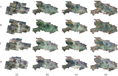 Figure 15. Experimental results of different methods at four TOIs. (a)-(d) From left to right are the results of MICR, RMGC, PTSM, and the presented method, respectively; A-D from top to bottom are the TOIs that are“01 June 2015”, “01 September 2015”, “01 December 2015”, and “01 January 2016”, respectively; I-Ⅴ are the marked numbers of selected regions.