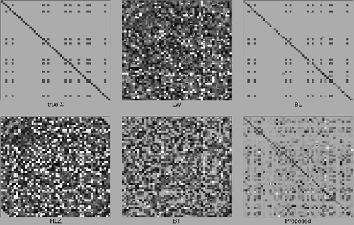 Figure 2. Heat maps of the true covariance matrix and various estimates from one replicate of simulations in Scenario 5. Absolute values of entries are used to replace original entries. An entry of magnitude 1 or over is represented by a black square and an entry of magnitude 0 is represented by a white square.