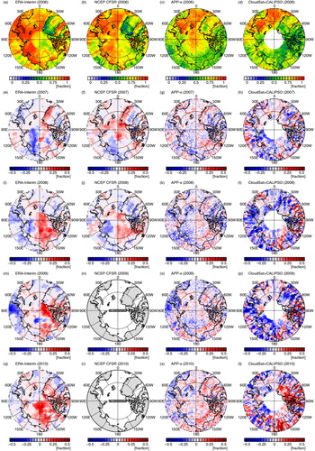 Fig. 13 (a, b, c, d) Total cloud amount averaged over winter (December through February) of 2006 from ERA-Interim, NCEP CFSR, APP-x, and CloudSat + CALIPSO, and differences for winter of (e, f, g, h) 2007, (i, j, k, l) 2008, (m, n, o, p) 2009 and (q, r, s, t) 2010 against 2006 from each dataset.