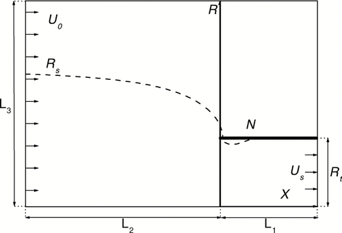 FIG. 2 The scheme of calculation domain in plane (X,R): dashed line is the limiting streamline.