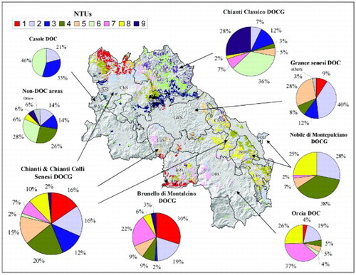 Figure 6. Distribution in percentage of the NTUs in the main DOC and DOCG of the province of Siena. The dark grey polygons of the map show the viticultural areas. The area of Chianti & Chianti Colli Senesi includes the area of Brunello di Montalcino and Nobile di Montepulciano.