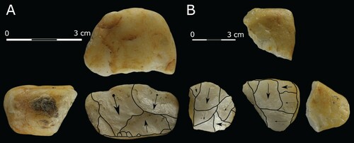 Figure 7. Cores made from quartz pebbles: A) bipolar and B) flake core with changed orientation.