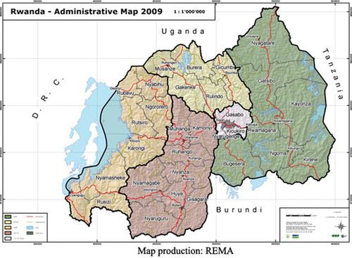 Figure 1. Map of Rwanda showing its five provinces (Northern, Southern, Eastern, Western, Kigali City), all of which were included in this survey of pond fish farming activities.