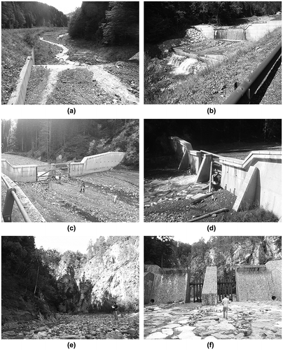 Figure 3. Photos of the structures inspected: (a) downstream view of check dam 1; (b) check dam 1 and sill structures located in series; (c) downstream view of check dam 2; (d) level of obstruction in check dam 2; (e) upstream deposit in check dam 3; and (f) level of obstruction in check dam 3.