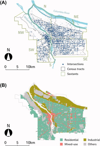 Figure 1 Study area: (A) target tracts and intersections, (B) zoning classification.