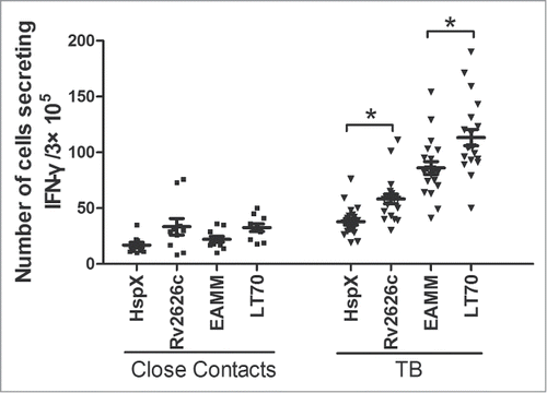 Figure 2. IFN-γ responses to protein EAMM, HspX, Rv2626c and LT70 in different groups of donors. In this study, active TB patients (TB, n = 20) and close contacts (n = 10) were recruited. Freshly isolated PBMCs from these subjects were plated in duplicate at 3×105 cell per well in 96 spot and incubated with EAMM (5 μg/ml), HspX (5 μg/ml), Rv2626c (5 μg/ml) and LT70 (5 μg/ml) for 48 h at 37°C, 5% CO2. IFN-γ was detected using Human IFN-γ ELISPOT kits. Data were shown as means± SD. * p < 0.01.