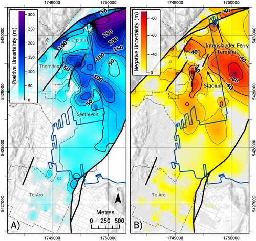 Figure 8. (A) Map of the difference between the preferred depth map and the deep interpretation, representing depth uncertainty in the positive, that is, deeper direction. (B) Map of the difference between the preferred depth map and the shallow interpretation, representing depth uncertainty in the negative, that is, shallower direction.