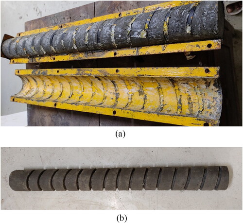 Figure 4. (a) Demoulding of the pile with helical groove specimen. (b) Pile with the helical groove test specimen.