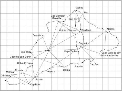 Figure 11. Plane-charted network of rhumb lines in the western Mediterranean, used for simulating ‘medieval’ charting.