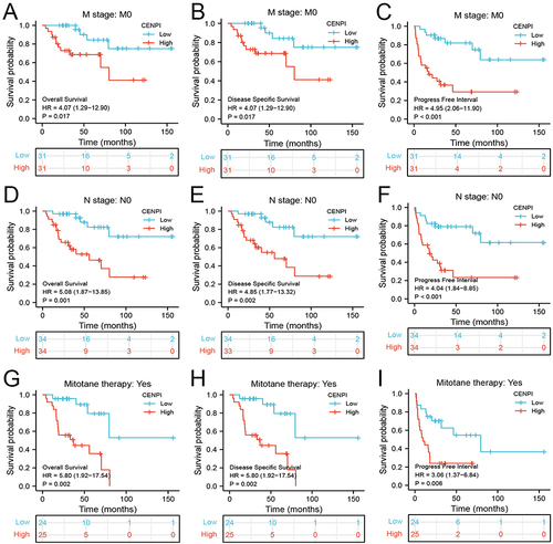 Figure 7 Association between CENPI expression and OS, DSS, and PFI in different clinical subgroups of ACC. (A–C) Residual tumor (R0); (D–F) Tumor status: with tumor; (G–I) New event (Yes).