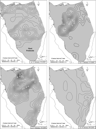 Figure 6. Averaged six hourly resolution isohyetal maps of Sinai Peninsula.