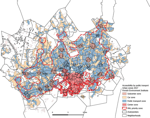 Figure 2. MAL priority zones, centre structure and travel-realted urban zones of the Helsinki metropolitan area.