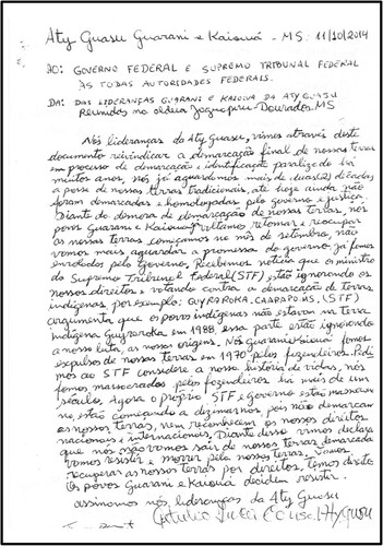 Figure 1. Letter of Protest Against the Brazilian Government Signed by Indigenous Leaders at the Great Assembly (Aty Guassu) on 11 October 2014.