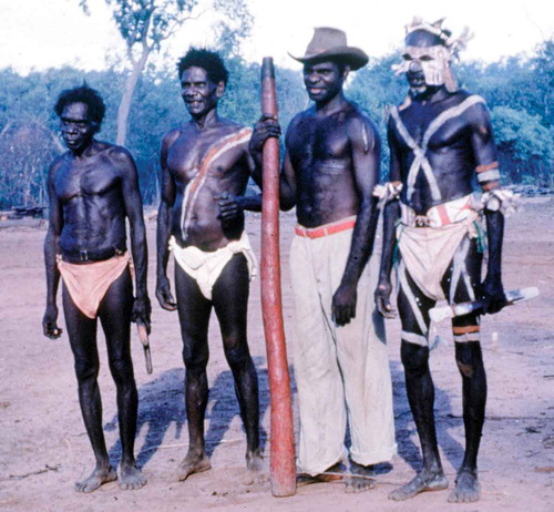 Fig. 7. Some known rock painters who were staying at Manlarrh in the 1950s and early 1960s. From left to right: Raburrabu (Mission Jack), Nayombolmi (Barramundi Charlie), Toby Gangale and Djimongurr (Old Nym), c. 1960 (photo: Judy Opitz Collection).