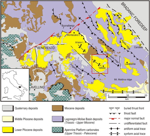 Figure 1. Outline geological map of the Southern Apennines (after CitationBonardi et al., 2009, modified) showing the main geological framework of the Ariano Basin and location of the study area (hollow box).