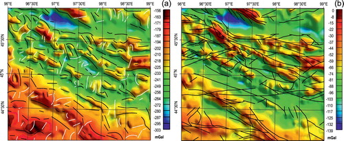 Figure 4. (a) Bouguer gravity anomaly map with interpreted lineaments: black lines are the NW–SE lineaments while white lines represent the NE–SW lineaments and (b) Isostatic residual gravity anomaly map with the superimposed faults depicted from the geological map.