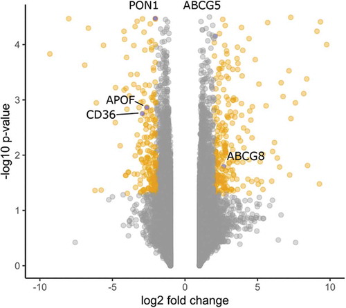 Figure 7. Volcano plot of differentially expressed genes between KD and control cells. Significantly different genes, i.e., P value < 0.05 and abs(FC) > 2, are indicated in orange. Genes belonging to the LXR pathway are indicated in blue.