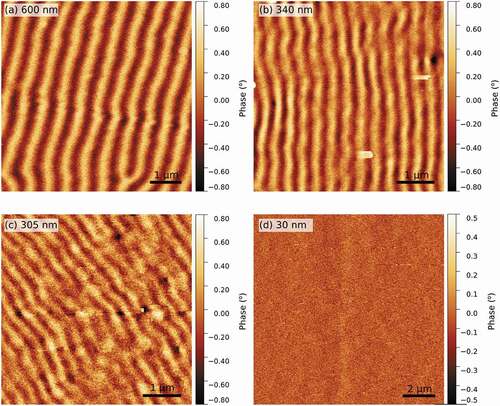 Figure 7. Room temperature MFM images, acquired at magnetic remanence, for the electrodeposited films with a thickness of (a) 600 nm, (b) 340 nm, (c) 305 nm and (d) 30 nm