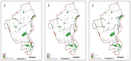 Figure 4. Potential green space system maps integrating all the existing green spaces and regenerated green spaces under three brownfield greening scenarios (scenario 1: the full-eco scenario; scenario 2: the eco-lei scenario; scenario 3: the composite scenario)
