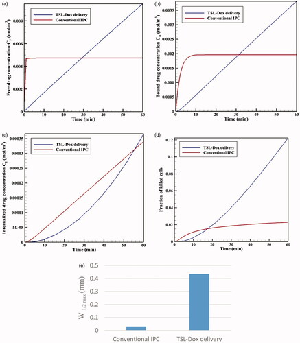 Figure 9. Time profiles for mean concentrations of (a) CF, (b) CB, (c) CI, (d) fraction of killed cells (FK) as a function of time for both conventional IPC and TSL-Dox delivery. (e) Maximum drug penetration depth into the tumor (W1/2max) in two methods of TSL-Dox delivery and conventional IPC.